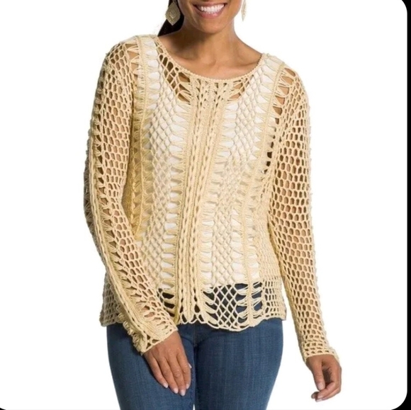 Chicos Cristy Crochet Pullover Lace Accent Sweater Cream Top Bohemian Summer NEW - Picture 1 of 14